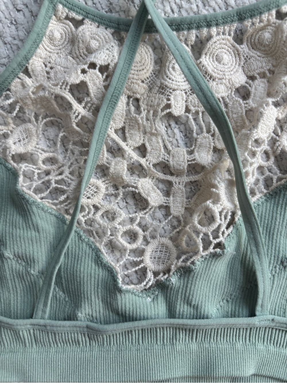 Three Bird Nest Sage Green Ribbed Halter Bralette with Cream Crochet - Picture 5 of 6
